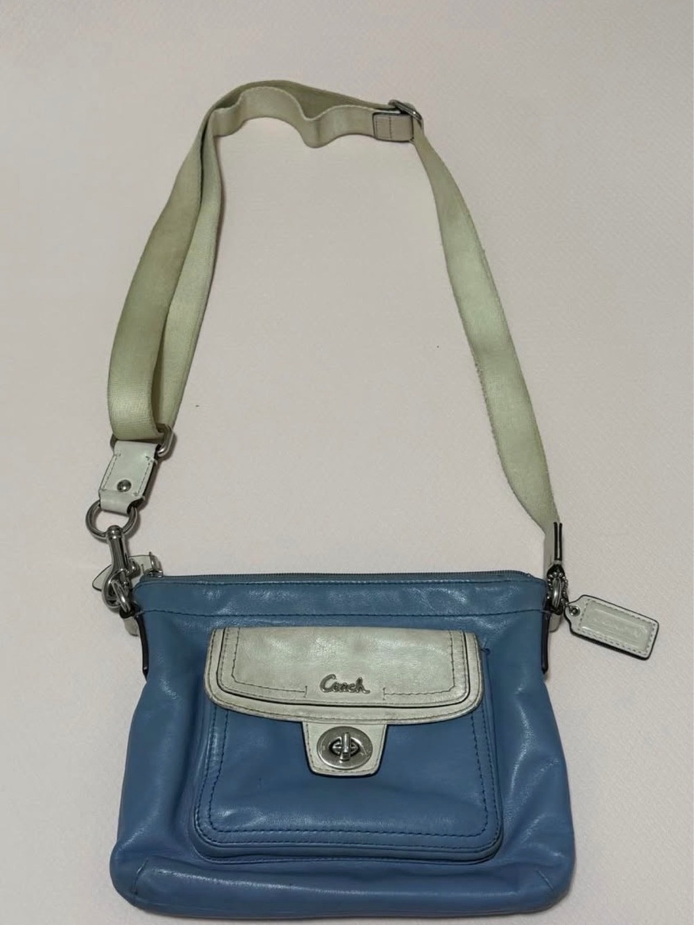 Coach Blue Leather Crossbody with Ivory Front Flap and Strap
